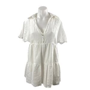 Molly Green White Collared Short Sleeve Tiered  Mini Flare Shirt A-Line Dress M
